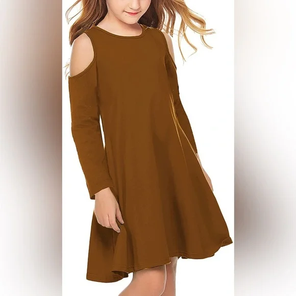 Coffee Brown Long Sleeve Cold Shoulder Swing Casual Dress - Picture 1 of 6